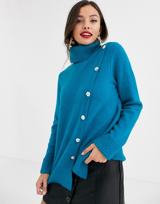 Morgan oversized roll neck jumper with buttons in turquoise