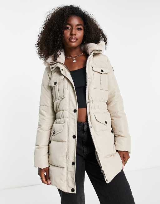 Morgan padded coat with faux fur hood in cream | ASOS