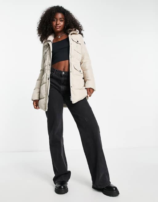 Morgan padded coat with faux fur hood in cream