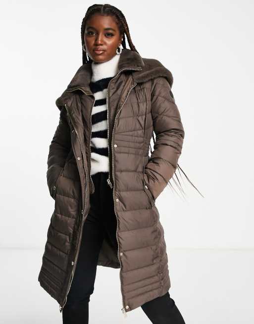 Morgan padded coat with fluffy faux fur hood detail in chocolate