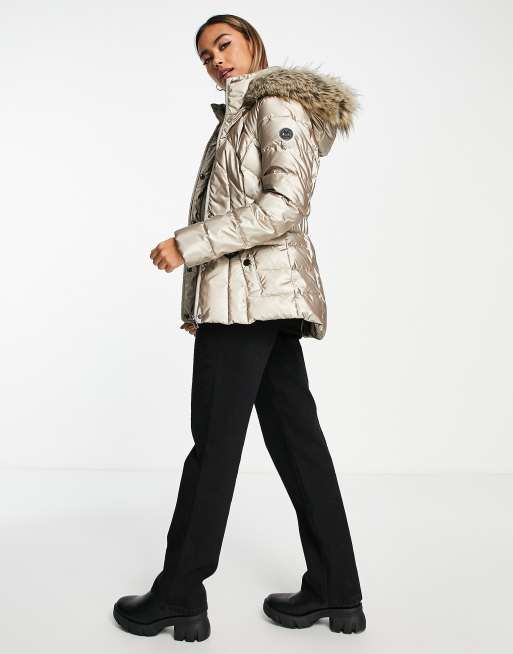 Morgan padded jacket with faux fur hood and belt in metallic, 2 of 4