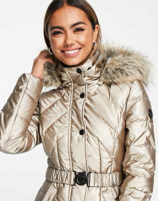 Morgan padded jacket with faux fur hood and belt in metallic