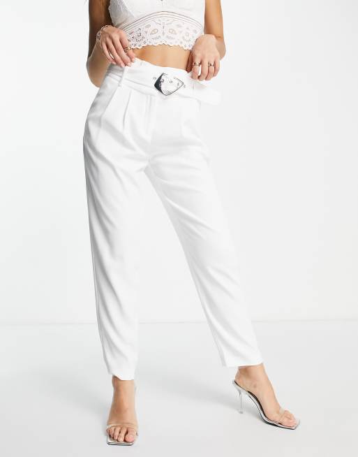 Morgan Pantalon cigarette taille haute avec ceinture Blanc