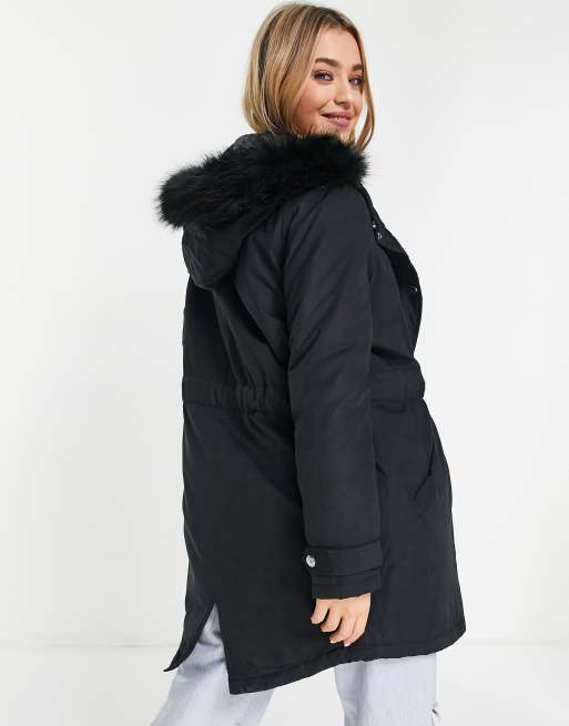 Morgan Parka à capuche bordée de fausse fourrure Noir ASOS