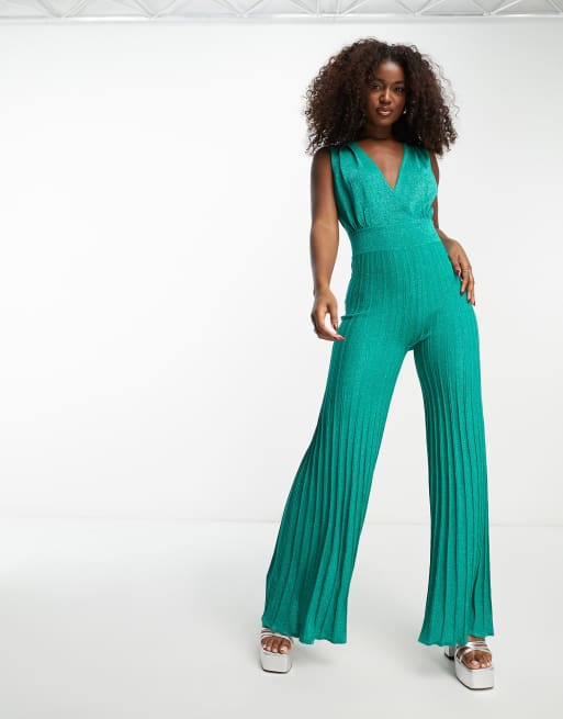 Morgan - Plisseret jumpsuit med glimmer, dyb udskæring og vide ben i grøn, 4 af 4