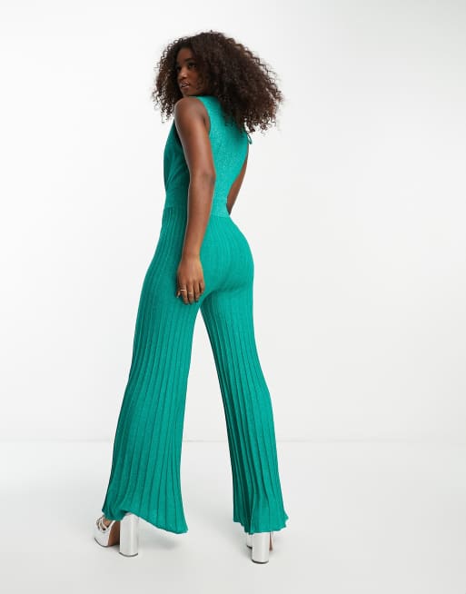 Morgan – Plissierter Jumpsuit mit weitem Bein in glitzerndem Grün mit tiefem Ausschnitt, 2 von 4