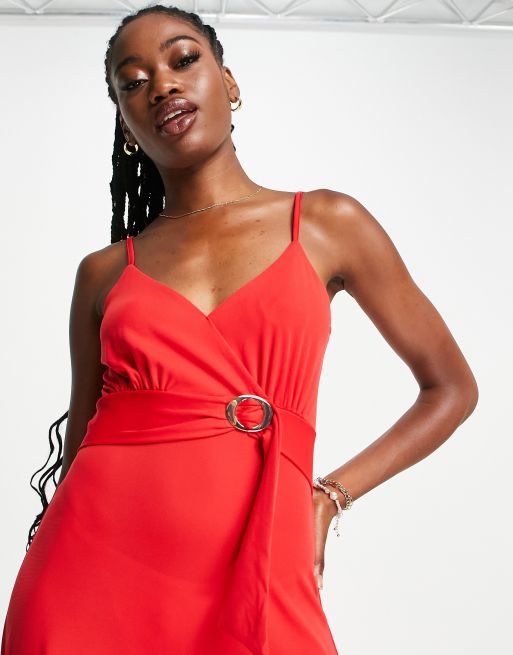 Morgan plunge front floaty midi dress in red