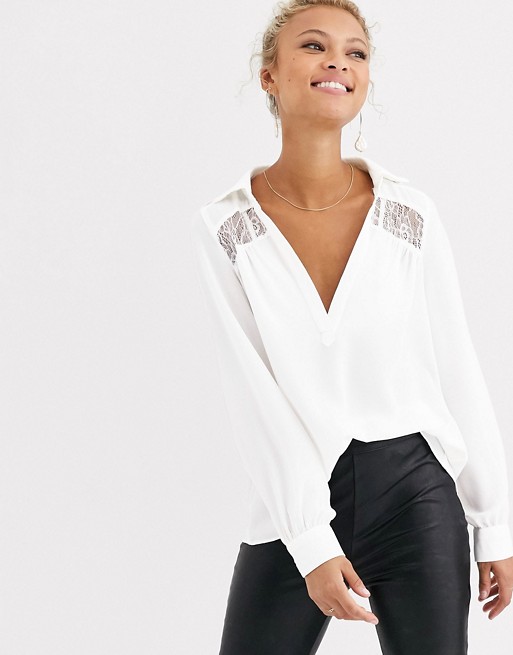 Morgan plunge front lace insert blouse in ivory