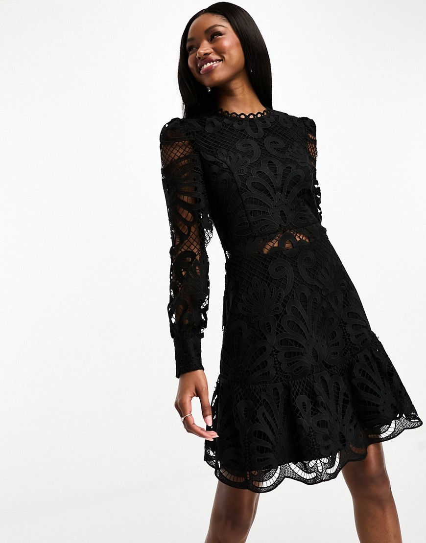 Morgan premium lace applique mini dress in black
