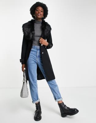 Morgan princess coat with faux fur neck trim and belt detail in black - ASOS Price Checker
