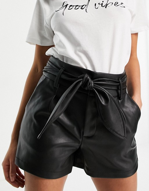 Morgan pu tailored shorts with tie waist in black