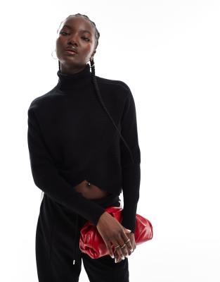 Morgan ribbed knit roll neck wrap front detail jumper in black