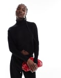 [Morgan] Morgan ribbed knit roll neck wrap front detail jumper in black XL BLACK