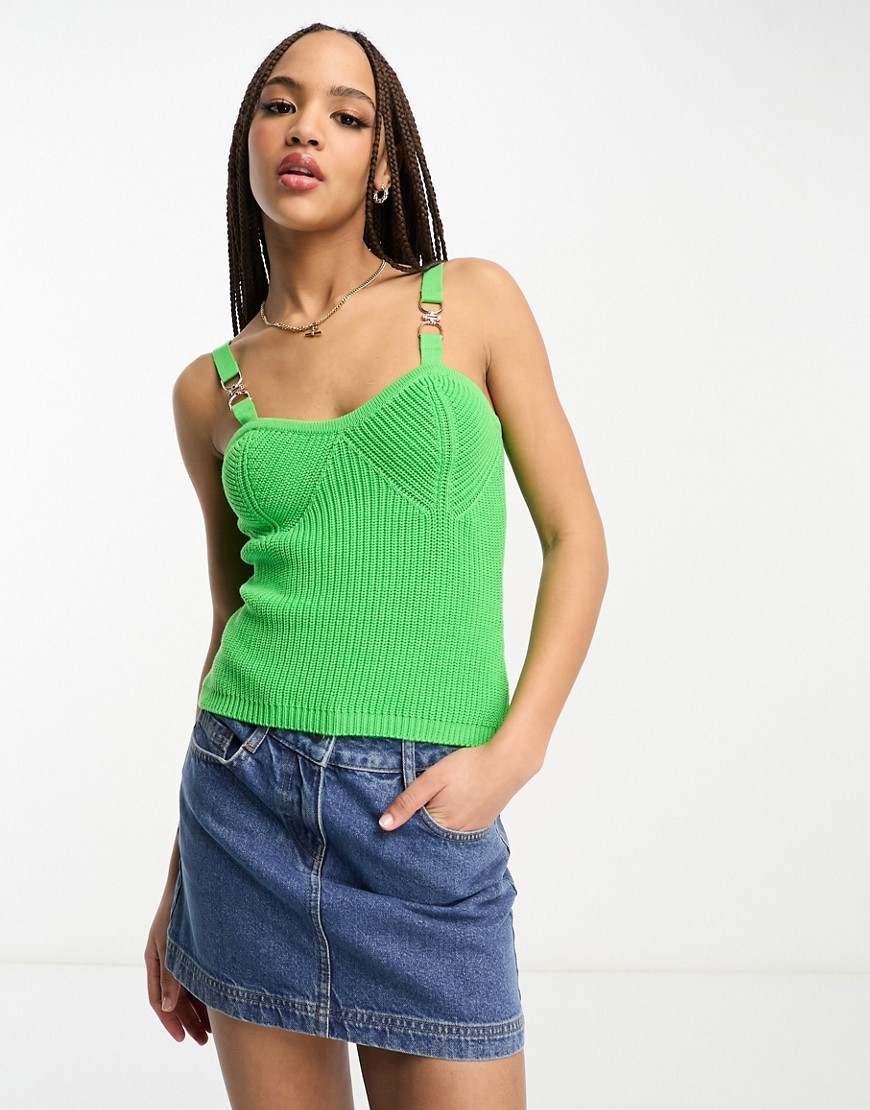 Morgan ribbed knitted top with gold clasp detail in green