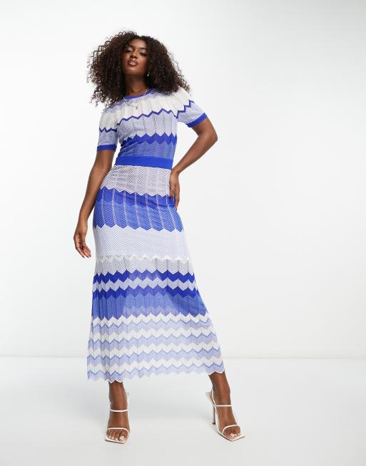 Morgan Robe mi longue contrastante en maille chevrons Bleu