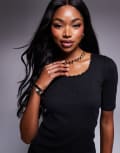 [Morgan] Morgan ruched short sleeve fine rib top in black XS BLACK