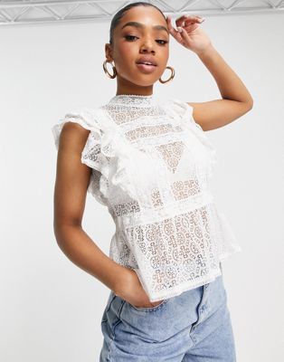 White Sheer Lace Ruffle Detail Strappy Top