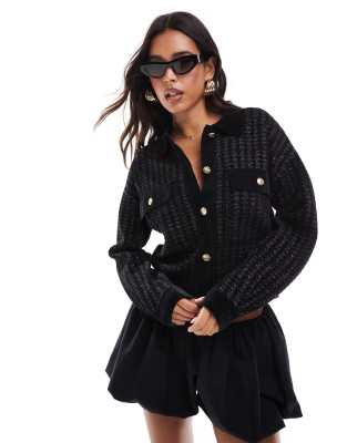 Morgan - Schwarze Strickjacke mit Hahnentrittmuster, Knopfleiste und Taschendetails-Bunt