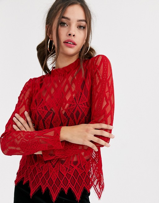 Morgan sheer lace long sleeve top in red