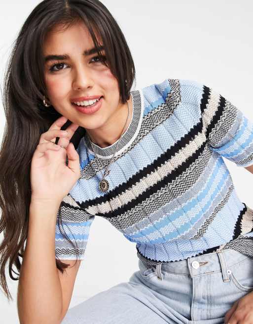 Morgan short sleeve knitted top in blue stripe