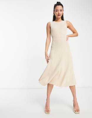 Morgan Morgan sleeveless knitted rib midi skater dress in cream-White