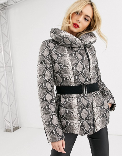 Morgan snake padded jacket with roll neck and belt in snake