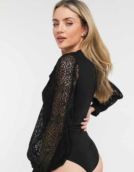 Morgan - Sort bodystocking med lange ærmer og blondedetaljer, 2 af 4