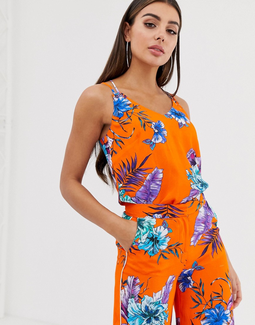 Morgan strappy cami top in summer floral print-Orange