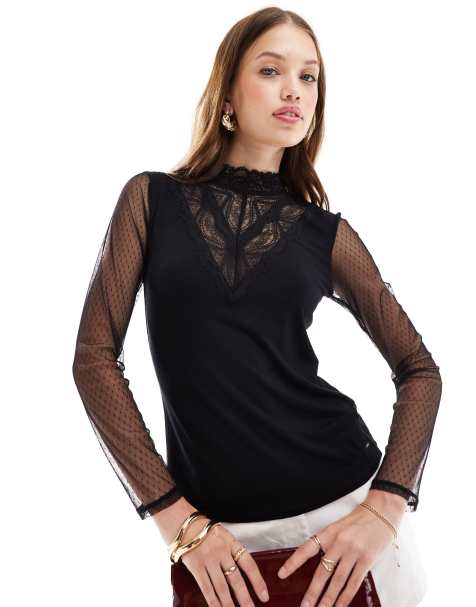 Morgan – Svart topp med dobbyvävd mesh, spetsdetalj och hög krage - view 1