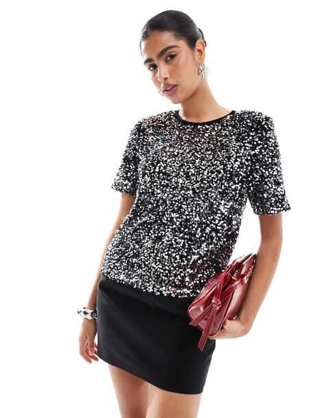 Morgan - T-shirt a maniche corte in velluto nero con paillettes argento - view 1
