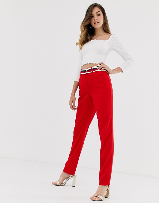 Morgan tailored trouser with belt detail in red