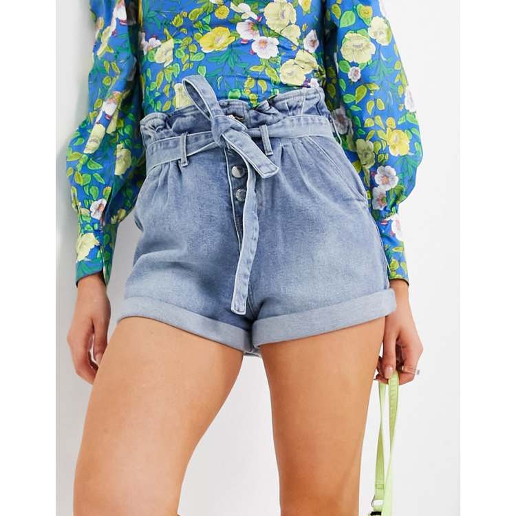 Morgan tie waist denim short with paperbag waist in blue