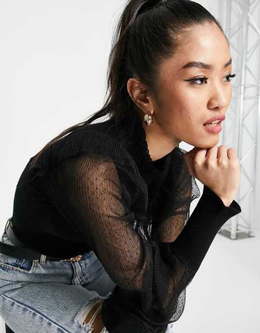 Morgan Top col montant en maille à épaules transparentes Noir