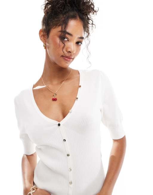 Morgan - Top in maglia bianco con bottoni dorati
