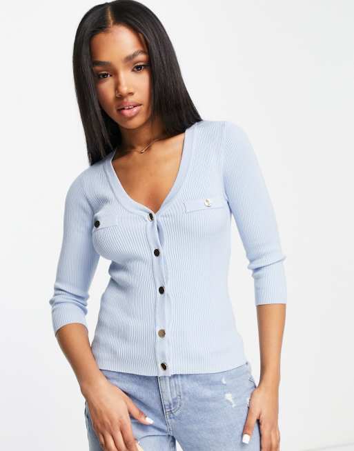 Morgan - Top in maglia blu polvere con bottoni