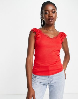 Morgan frilly lace detail top in red - ASOS Price Checker