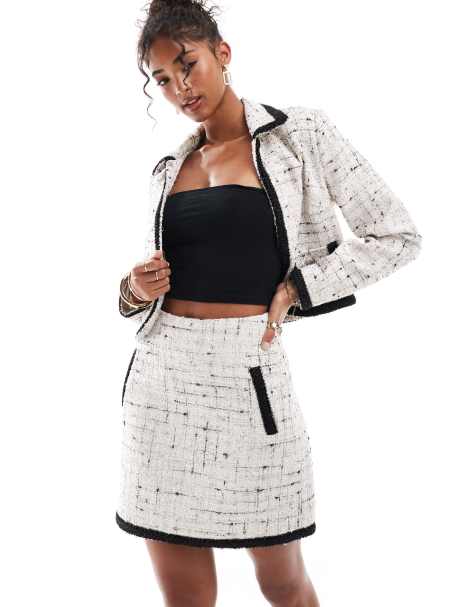 Morgan tweed pocket detail mini skirt with contrast trim in cream (part of a set) - view 1