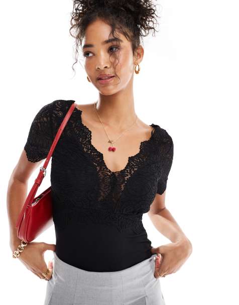 Morgan v neck lace sleeve bodysuit in black - view 1