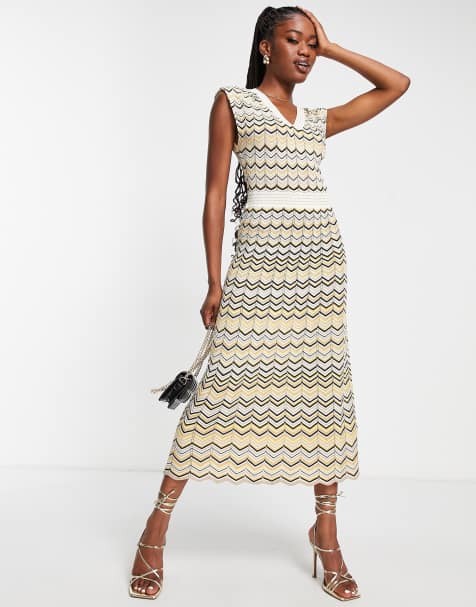 Morgan v neck sleeveless knitted midi dress in multi chevron - view 1