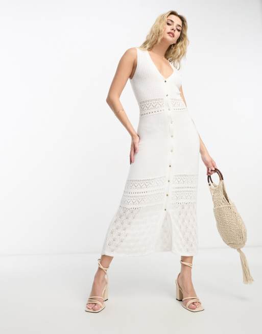 Morgan - Vestito lungo bianco in maglia traforata con scollo a V