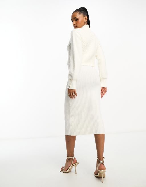 Morgan - Vestito maglia midi 2 in 1 a trecce misto lana bianco, 3 di 4