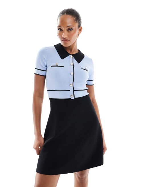 Morgan - Vestito svasato color azzurro chiaro e nero con finiture a contrasto, colletto e tasche