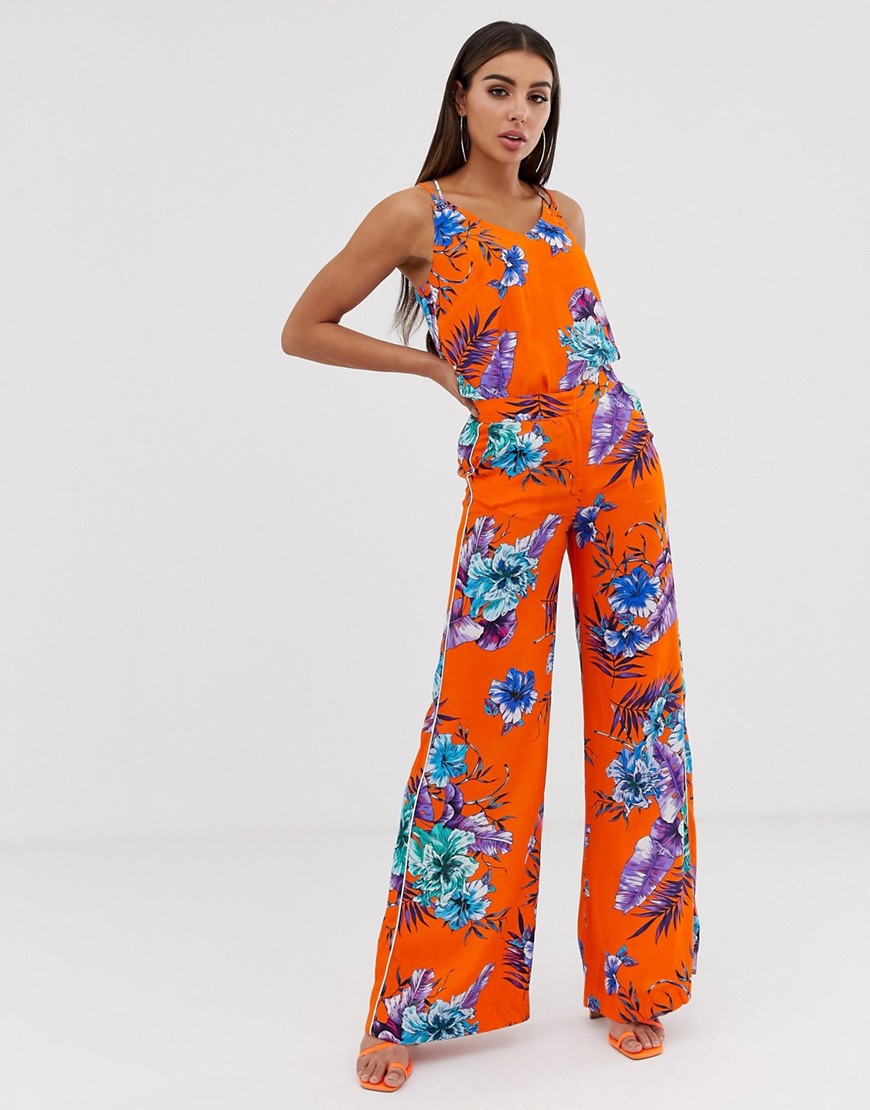 Morgan wide leg trouser in summer floral print-Orange