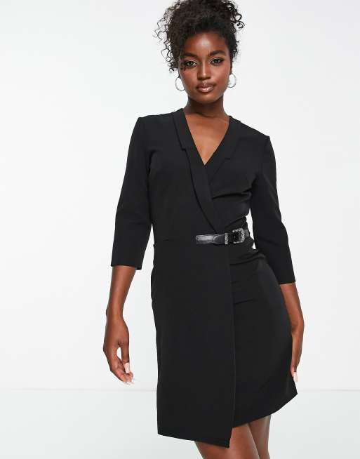 Morgan wrap front blazer dress with buckle detail in black | ASOS