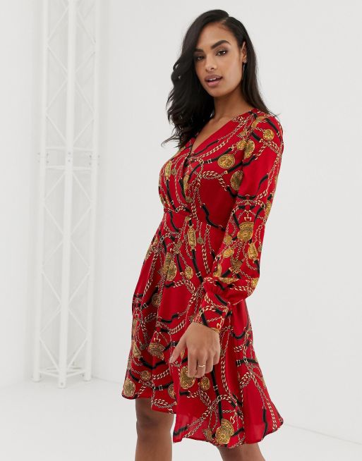 Morgan wrap front long sleeve dress with ruffle skirt in scarf print