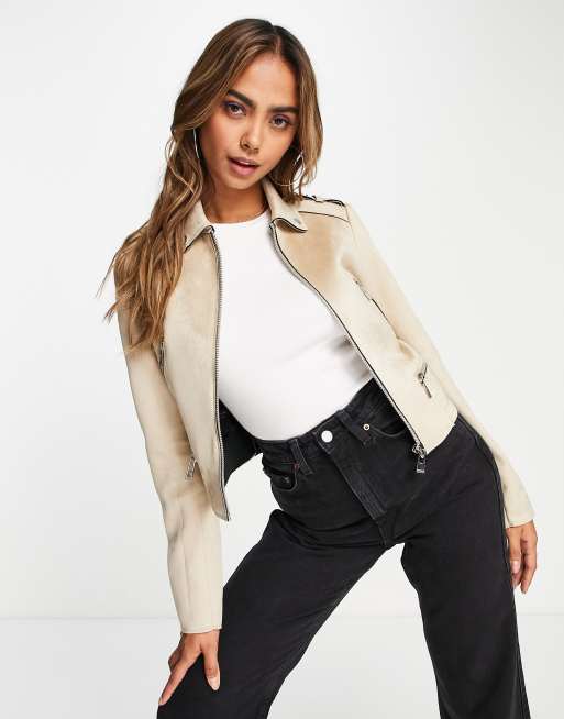 Morgan zip detail biker jacket in stone