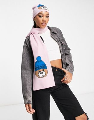 Moschino teddy logo scarf in pink - ASOS Price Checker