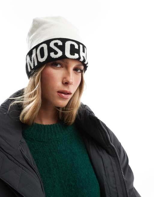 Moschino large logo beanie hat in white ASOS