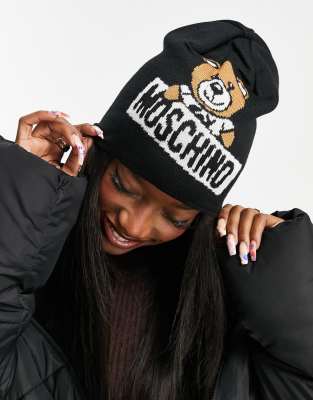 Moschino large teddy logo beanie hat in black