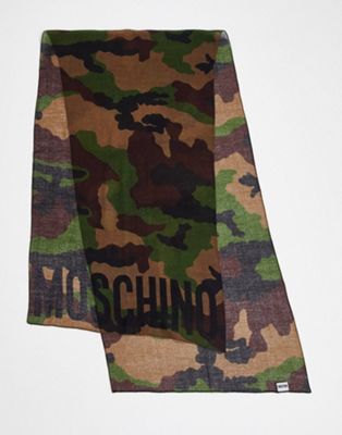 Moschino logo camo print scarf in khaki